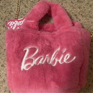Barbie X Skinnydip fuzzy pink fluffy logo mini purse gold crossbody chain strap